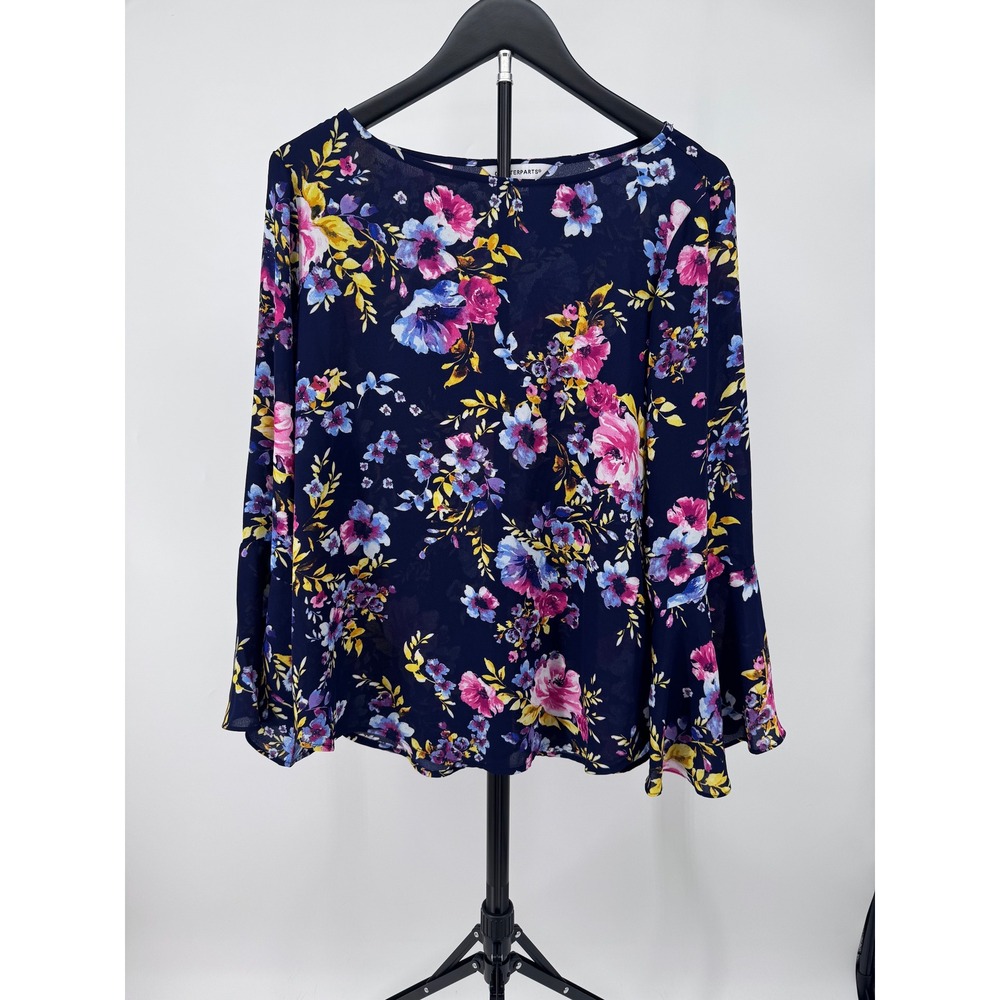 Counterparts Womens Navy Blue Floral Bell Sleeve Blouse Top 912P378HA Size M